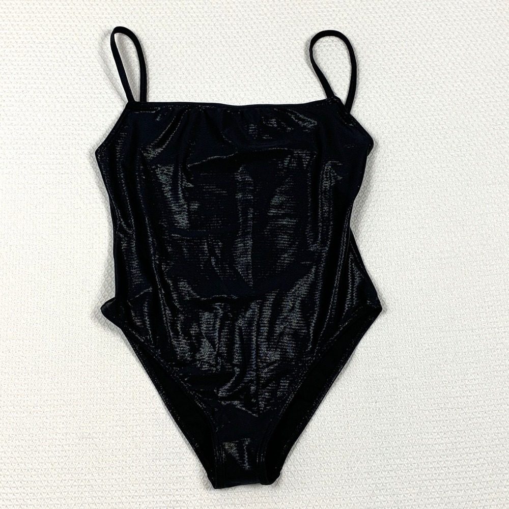 Vtg Made in France Black Metallic Shimmer One Piece Swimsuit Square Neck 8